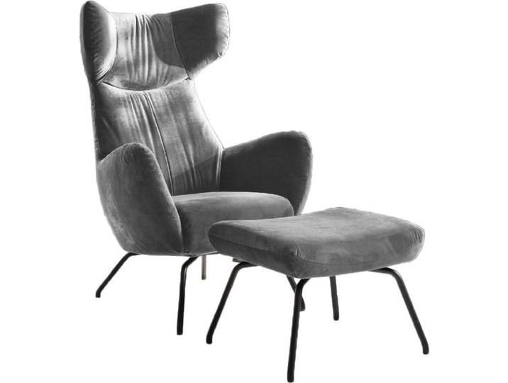 KAWOLA Sessel LOTTE Ohrensessel velvet silber mit Hocker