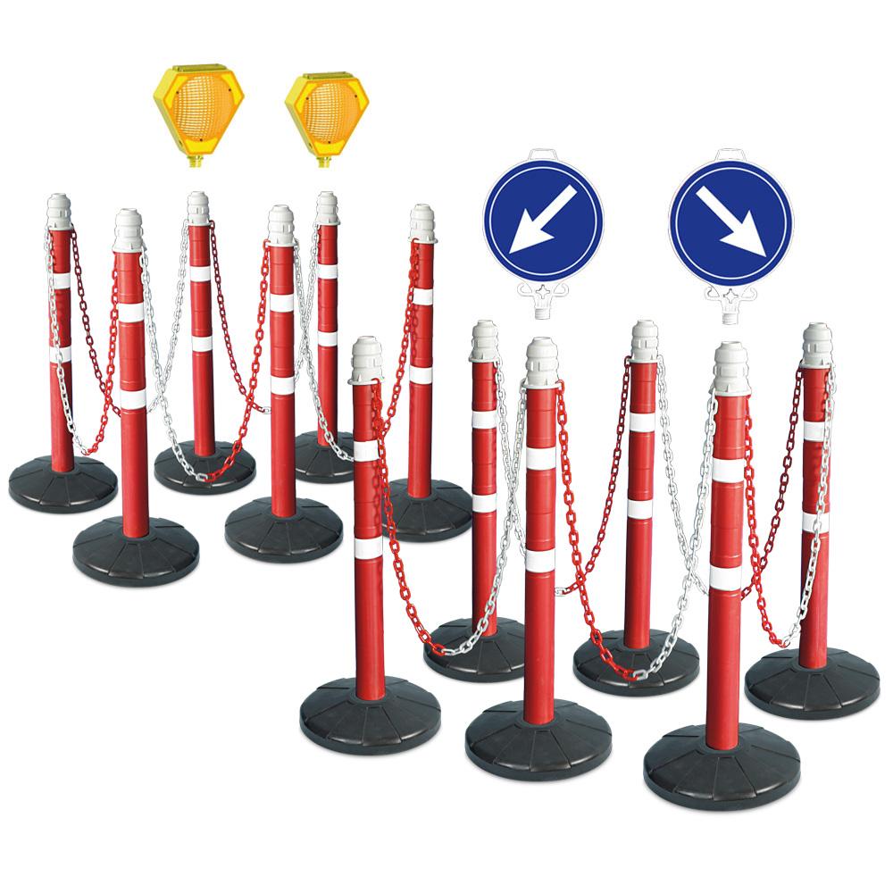 Kettenpfosten-Set, 12 Kettenständer, 22 m Kette, 2x Solar-Blinklampe mit Akku, 1x Leitschild"Links vorbeifahren", 1x Leitschild"Rechts vorbeifahren"