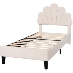 Polsterbett 90x200 mit Blumen-Kopfteil aus Samt – stilvolles Design in Beige für Teenager und Gästezimmer