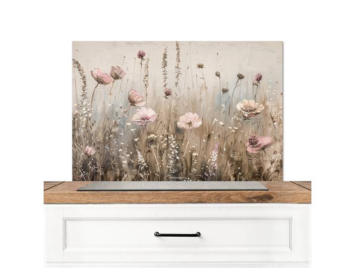 MuchoWow Spritzschutz Küche Blumen - Beige - Trockenblumen 80x55 cm, Metall, Rechteckig, 80x0.3x55 cm, rostfrei, Küchenzubehör, Küchenhelfer, Küchenutensilien