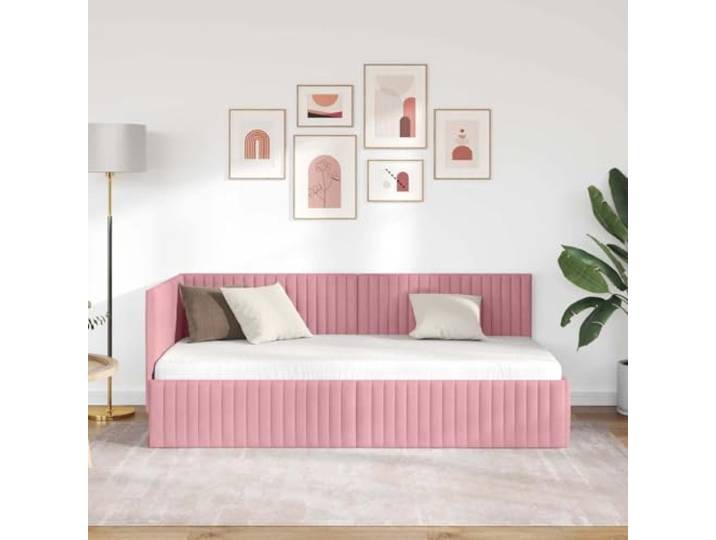 KTHLBRH Eck-Bettrahmen, Rosa, 90 x 200 cm, Samt Platzsparendes L-Design, verstellbares Kopfteil, Struktur aus Holz, Verwendung im Innenbereich