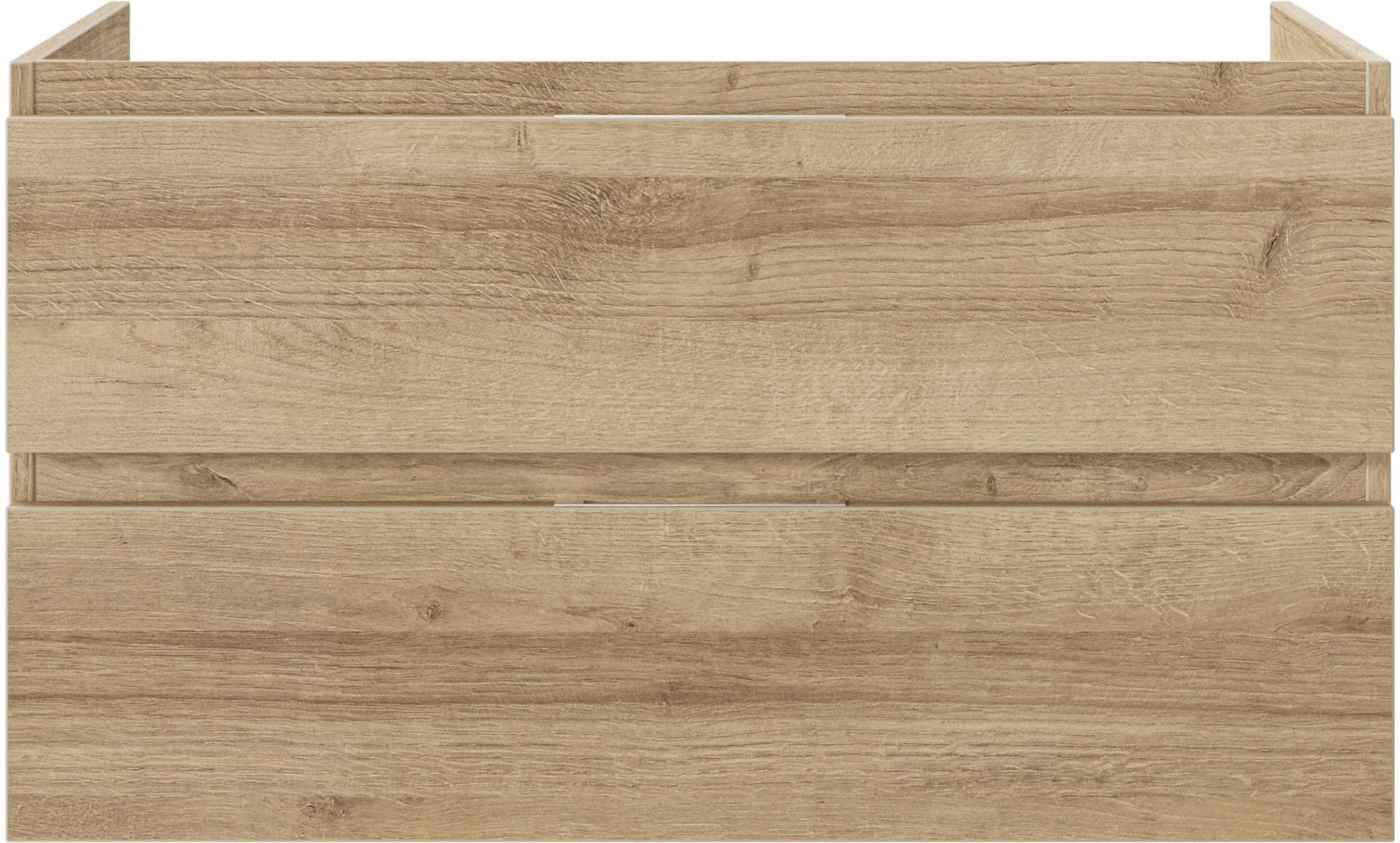 Waschtisch SAPHIR "Serie 4035", beige (riviera eiche quer nachbildung, schneeweiß glanz, riviera eiche quer nachbildung, weiß glanz), B:118cm H:65,7cm T:44,5cm, Holzwerkstoff, Waschtische, Waschtisch, 118 cm mit Keramik-Aufsatzbecken und Waschtischplatte 
