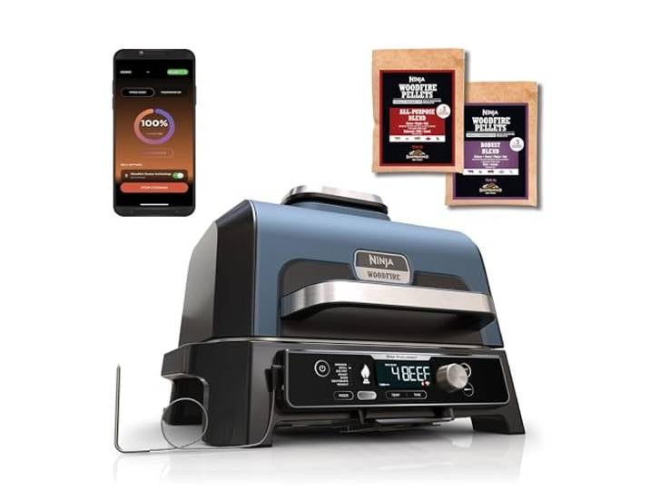 Ninja Woodfire Pro Connect XL BBQ Électrique Grill et Fumoir\, Noir Contrôle via App\, Sonde Numérique\, Grill Extérieur 7-en-1 et Friteuse sans huile\, Pellets de Bois\, Résistant aux - OG901EU