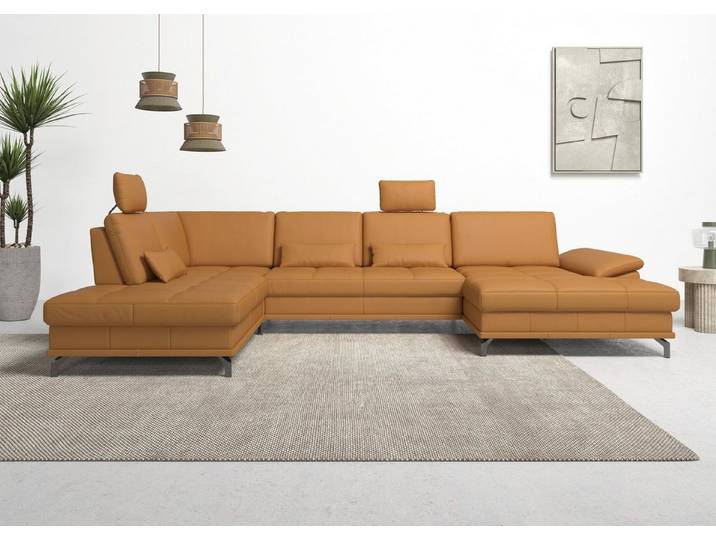 OTTO home Wohnlandschaft Costello U-Form, Sitztiefen- & Armteilverstellung, 3 Nierenkissen, optional Schlaffunktion & Stauraum, Federkern, Leder