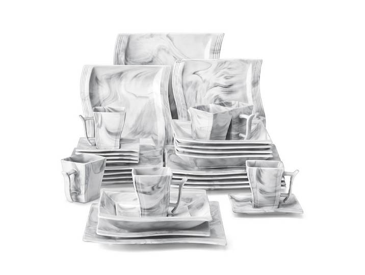 MALACASA Geschirr-Set Tafelservice FLORA für 6/4 Personen Marmor Geschirrset (30-tlg), 6 Personen, Porzellan