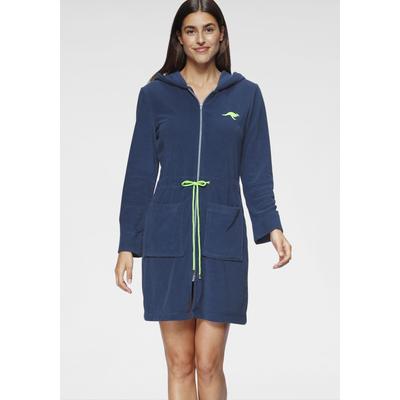Damenbademantel KANGAROOS "Kira, ideal für Sauna & Spa, Hotelbademantel, Morgenmantel" Gr. L, blau, L:95cm, Leichtfrottier, Hausmäntel, mit Bindekordel, kurz, Bademäntel für Damen, XS-3XL