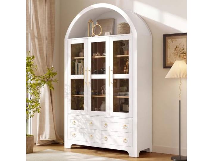BXEYXE Sideboard, Wohnzimmerschrank, Aufbewahrungsschrank, mit 3 türen, 4 Schubladen und offenem Rundbogen-Fach, Wohnzimmersideboard, Anrichte mit Aluminiumgriffen, PB + MDF