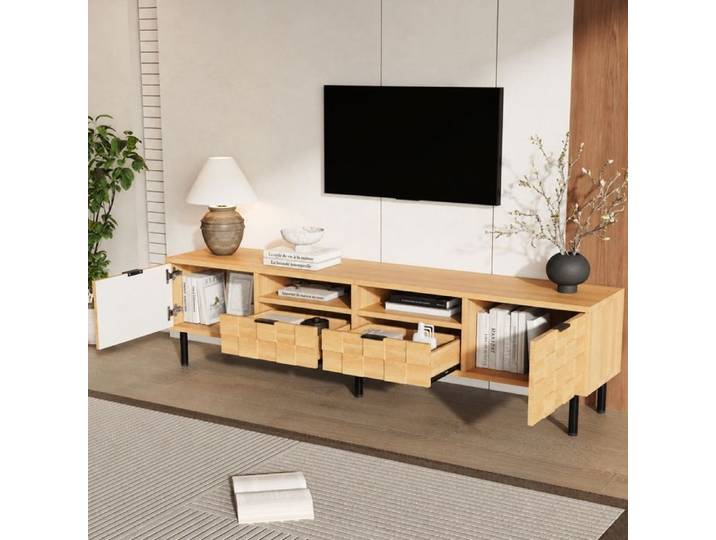 Norevia Meuble TV 200 cm effet bois naturel façades géométriques en relief TV jusqu'à 80 pouces