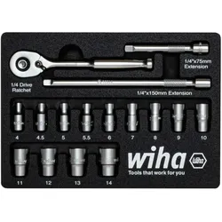 Wiha, Steckschlüssel + Stecknuss, Ratschenschlüssel Set 1/4 Sechskant Metrisch, 17-tlg. in Schaumstoffeinlage (1/4")