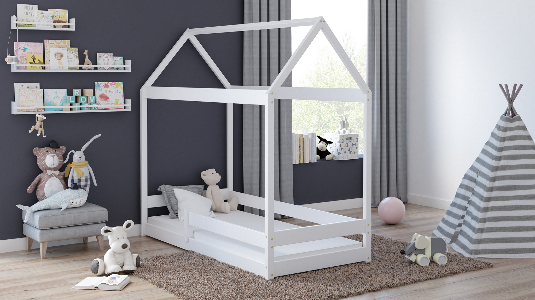 Hüttenbett für Kinder, Bodenbett Domek Miś, 90 x 190 cm, Höhe 182 cm, Meble Wróbel, Weiß