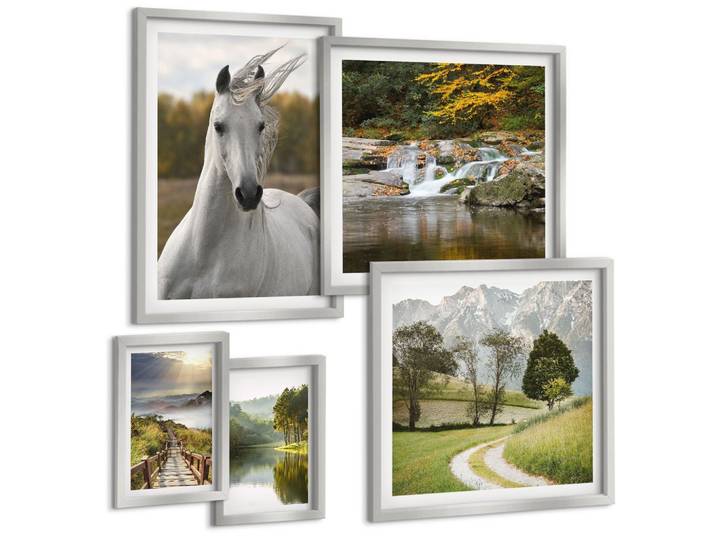 BILDER SET 5er Set - 50x50 cm & 20x30 cm & 40x60 cm Silberner Rahmen - Natur des Flusses White Horses