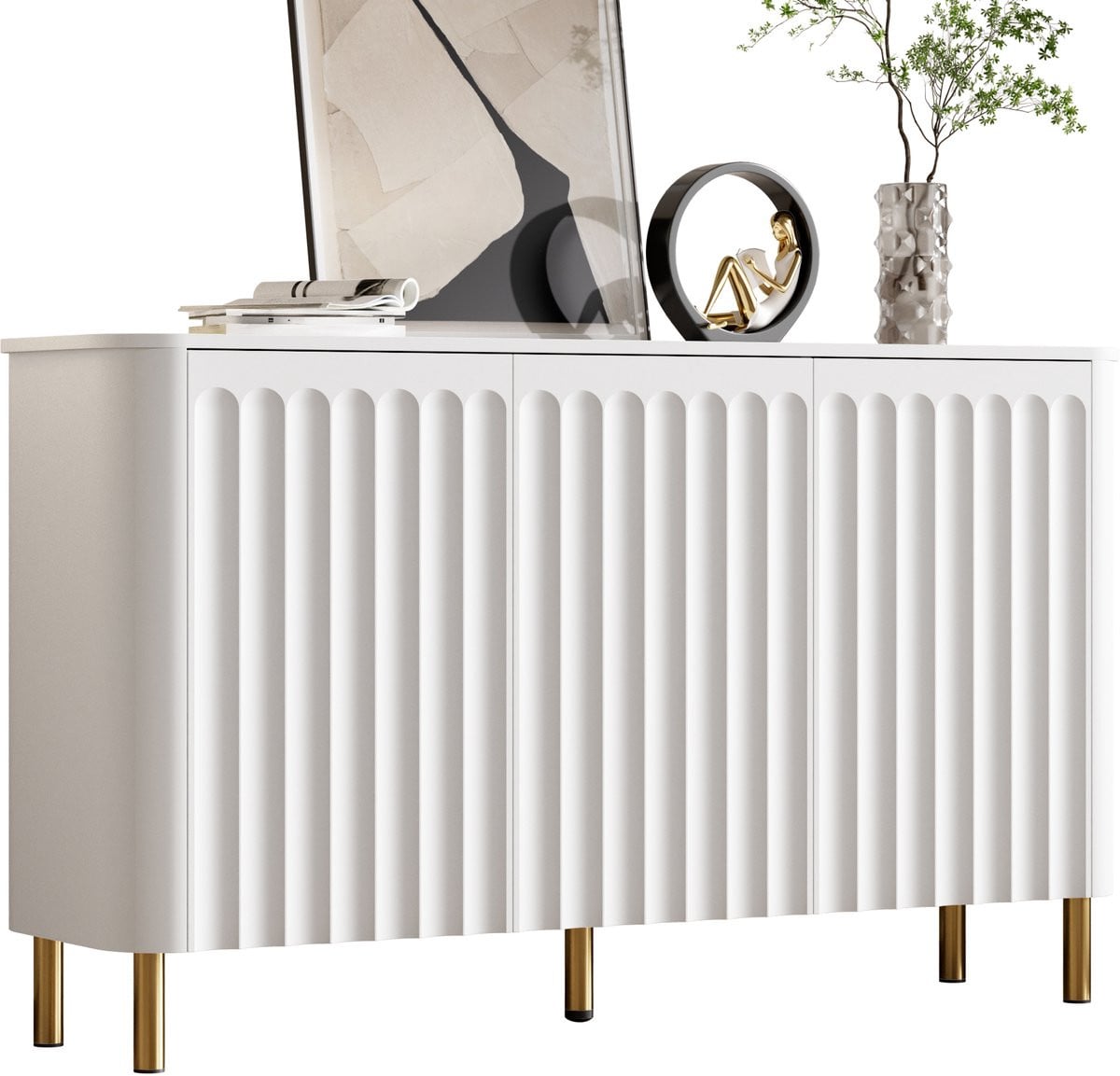 Modern Sideboard Dressoir met 3 Deuren en Zuilreliëf in Wit - MDF met Metalen Poten