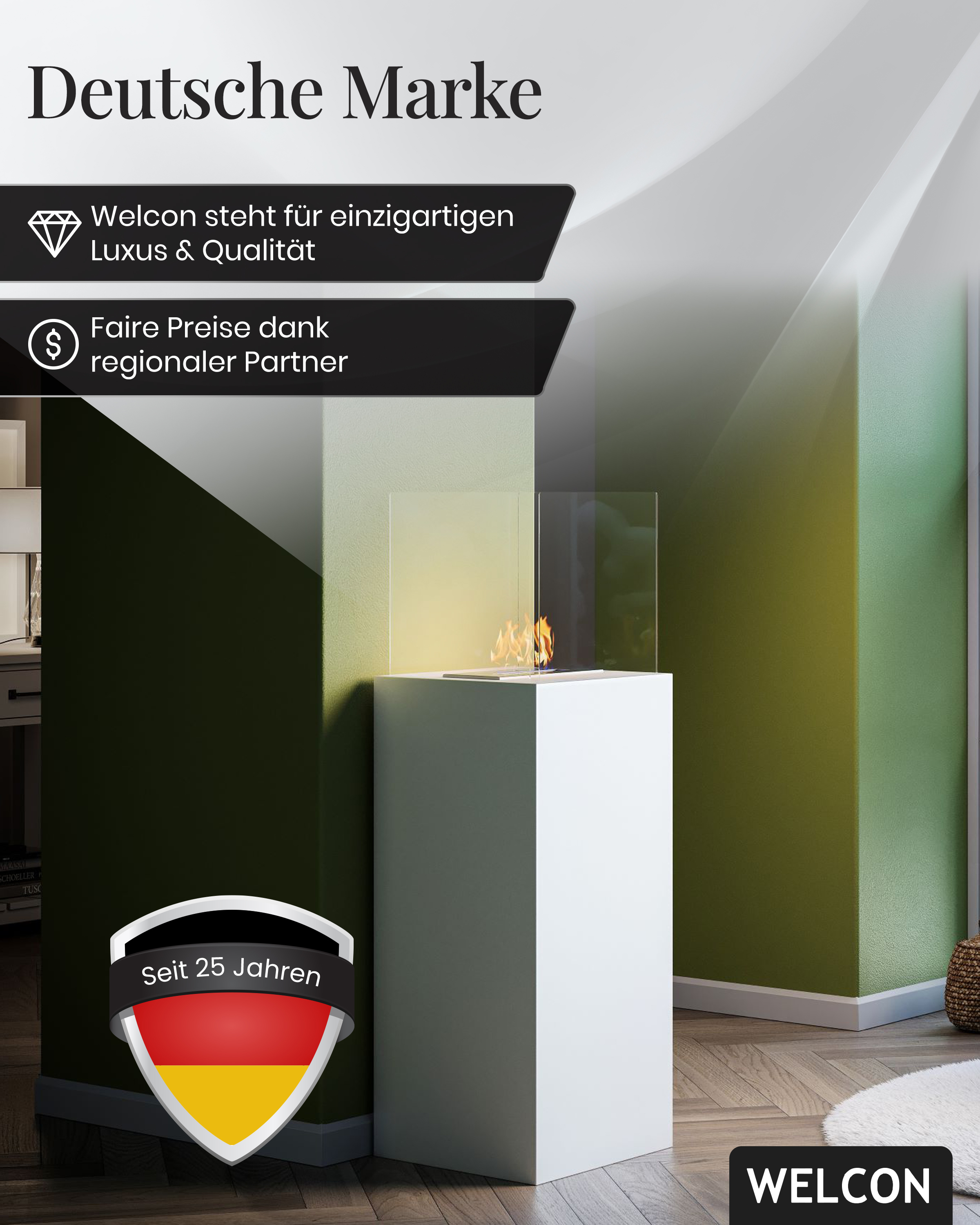 Bioethanol Kamin & Fireplace Helsinki | Ethanol Standkamin in weiß für indoor und outdoor | Sicherheitsbrenner