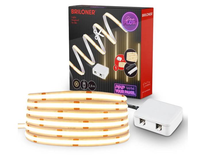 Briloner Pimp Your Panel COB LED Band Starterset Für Akustikpaneele 260 cm 14,5W 1400lm 3000K Warmweiß Selbstklebend Weiß - LED Stripe Wohnzimmer Schlafzimmer Flur