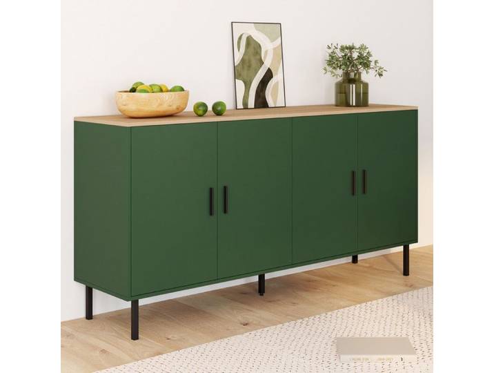 ID MARKET buffet 4 portes 160 cm Moderne bois et vert kaki