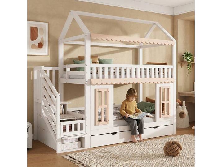 Lit superposé enfant 90x200 avec rangement latéral échelle et tiroirs design maison