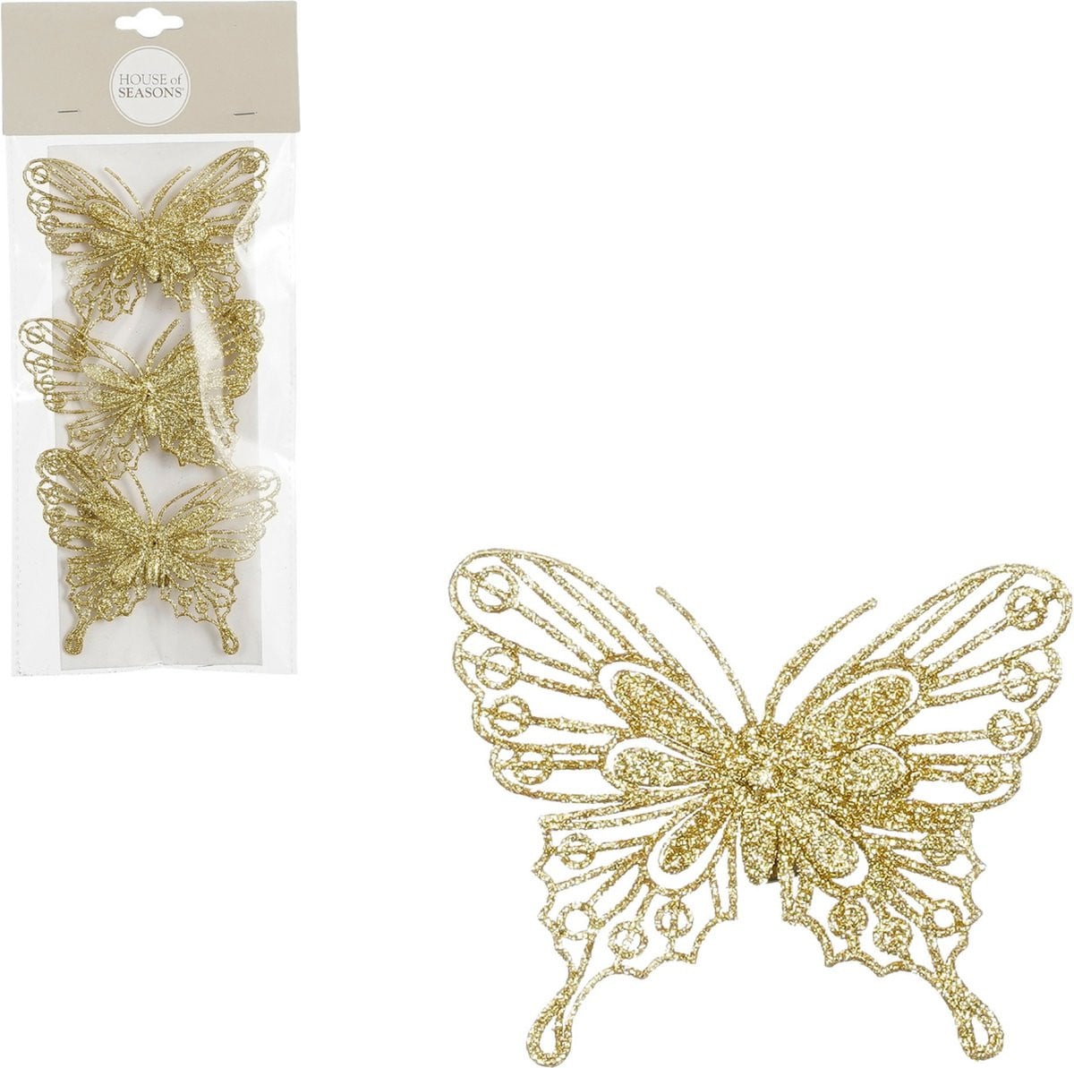 House of Seasons decoratie vlinders op clip - 3 stuks - goud - 10 cm