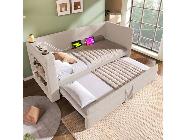 Lit gigogne - CIPACHO - Lit rembourré 90 x 190 cm - Beige - Station recharge USB/Type‑C - Gigogne roulante