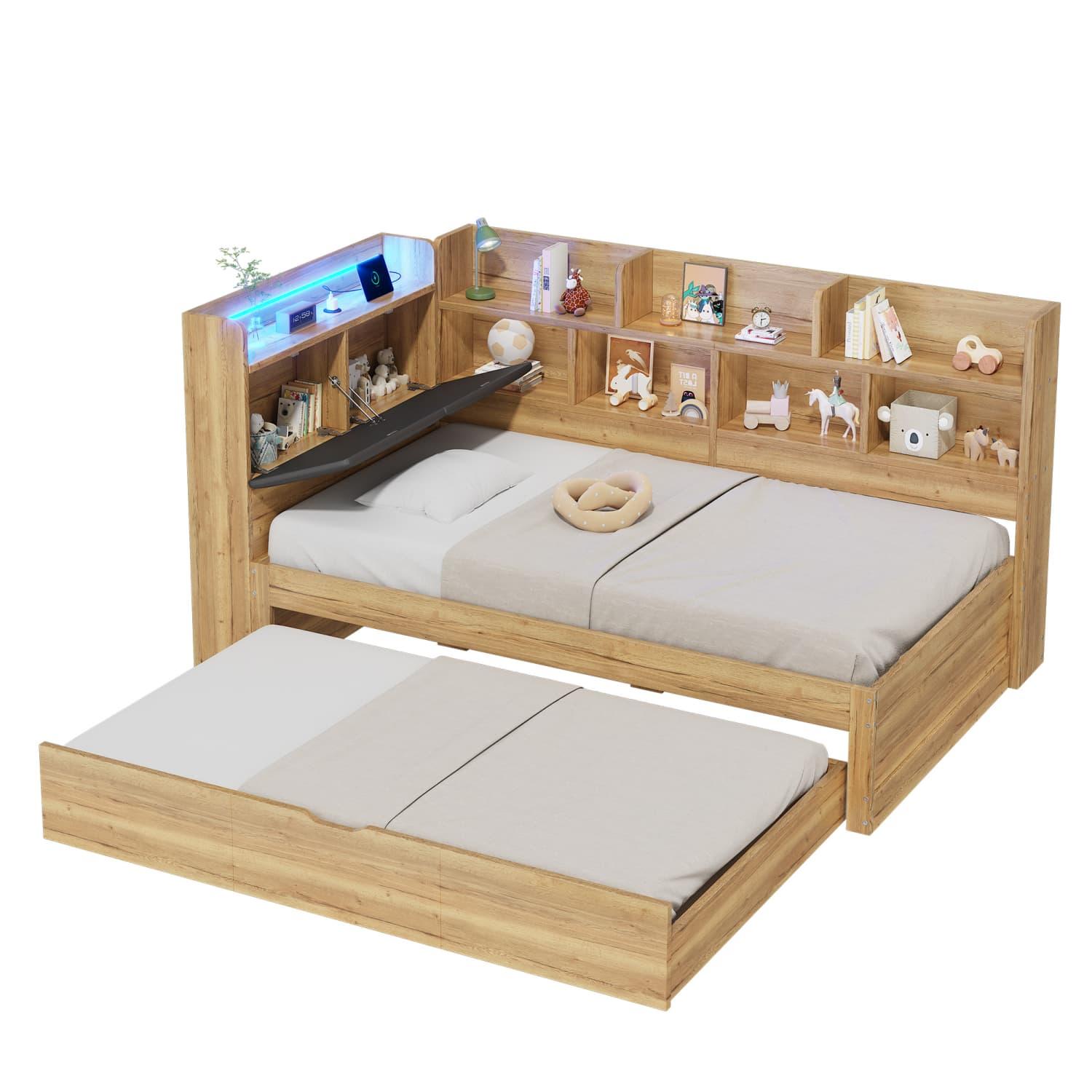 Kinderbett, Stauraumbett 90x200 mit LED-Beleuchtung, USB Ladeanschlüsse und Ausziehbett 90x190cm, Tagesbett, L-förmiges Holzbett, Daybett mit Regale