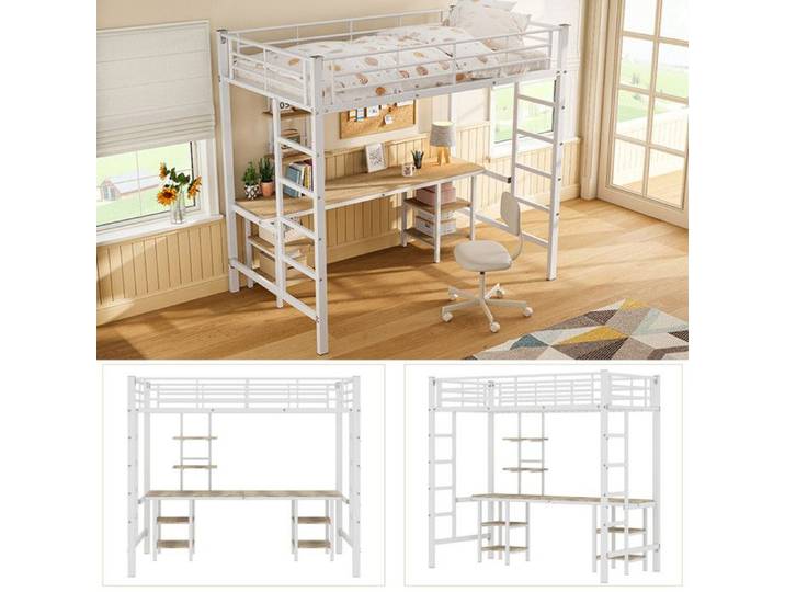 Lit Mezzanine Enfant 90x200cm - Bureau Intégré - Garde-Corps Anti-Chute - Design Blanc Moderne