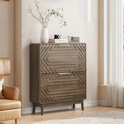 "31.5"" Walnut Freestanding Shoe Cabinet with 2 Flip-Top Drawers for Entry Hallway and Foyer"