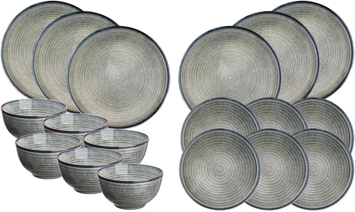 SR-LEZEN26 Geschirrset Essentials ZEN Kollektion, Steinzeug mit reaktiver Glasur, Blaugrau, 18-teilig, 6 Teller 28 cm, 6 Teller 22 cm, 6 Schüsseln 14 cm