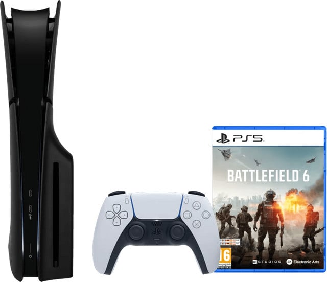 PlayStation 5 Slim Disc Edition met Battlefield 6 en zwarte covers