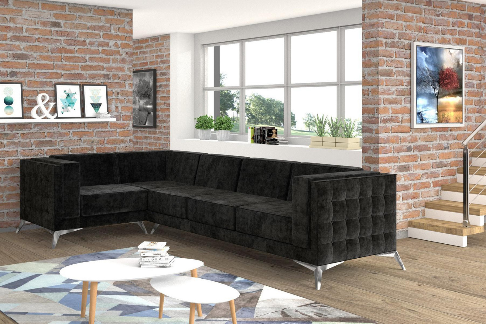Chesterfield L-vormige hoekbank in textiel design voor de woonkamer