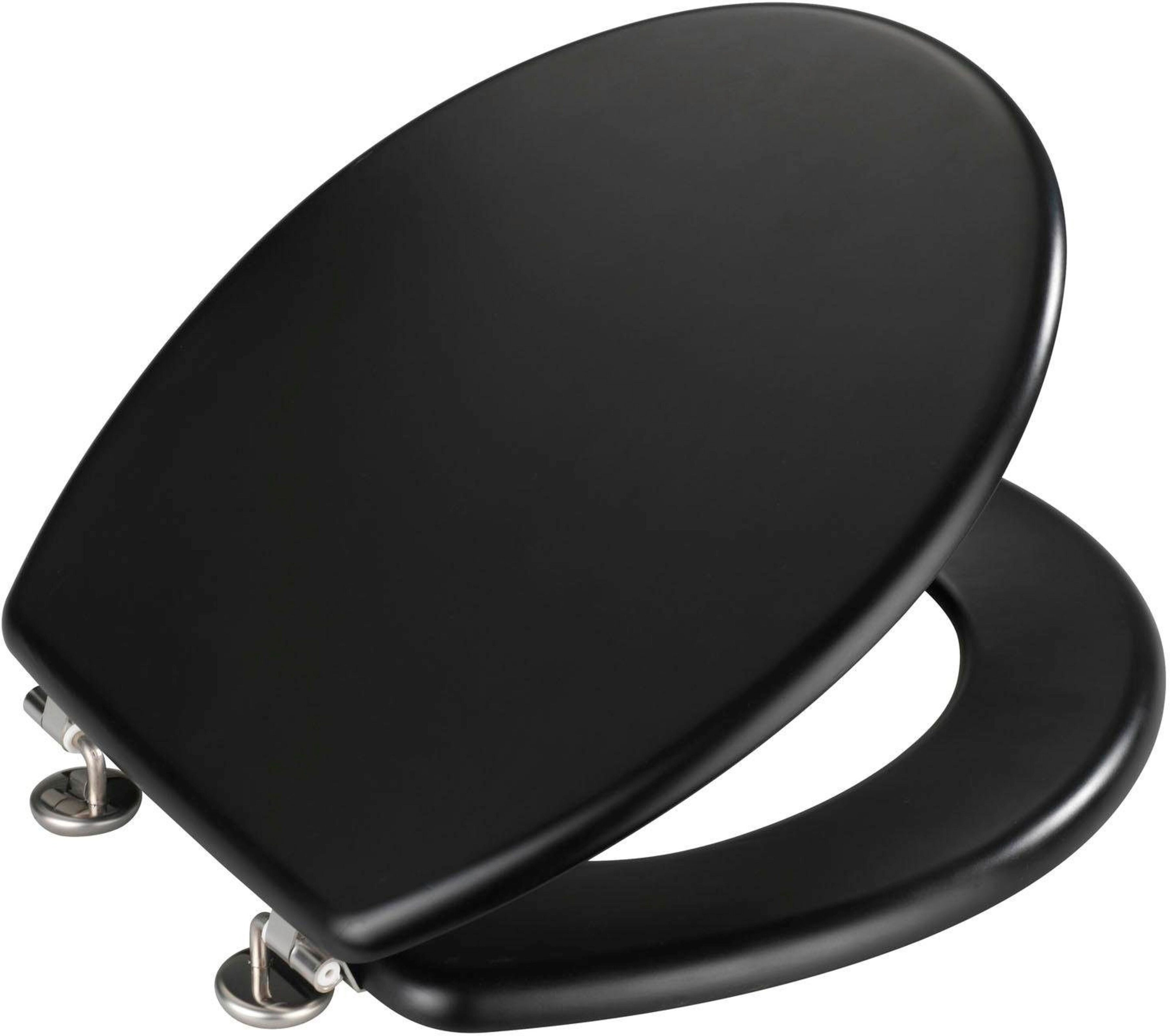 WC-Sitz WENKO "Prima", schwarz, B:38cm L:41cm, MDF - Mitteldichte Holzfaserplatte, WC-Sitze, WC-Sitz, matt, aus MDF, feuchtigkeitsresistent, Edelstahlbefestigung