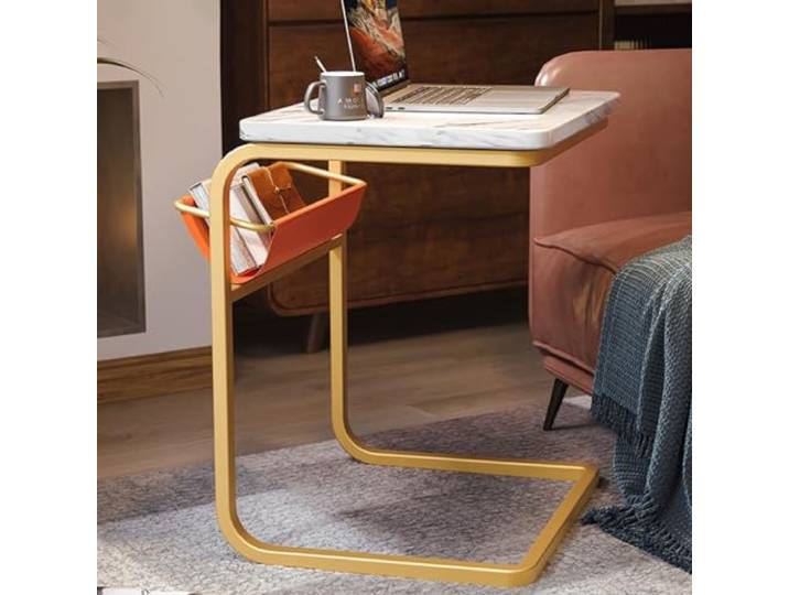 Runde Tische， Sofa-Tabletttisch mit Aufbewahrungstasche(/White A+/Gold)
