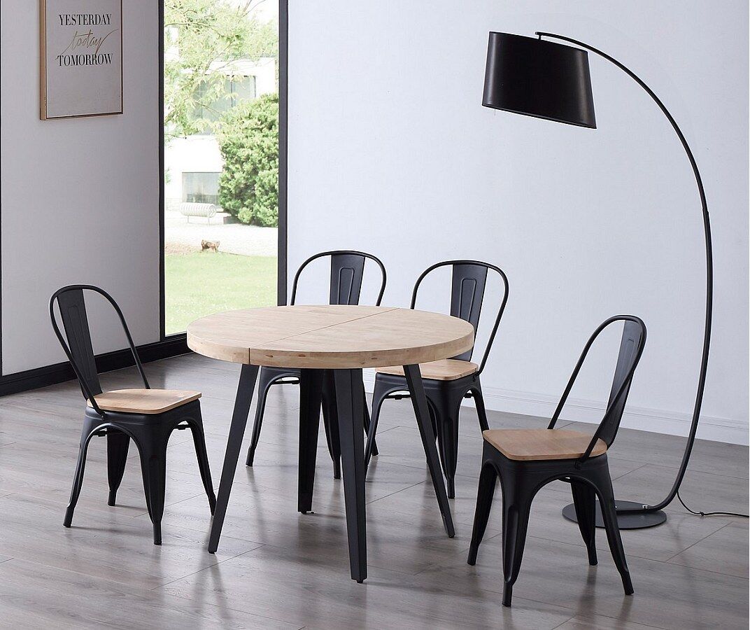 duehome Mesa de comedor redonda extensible en negro y roble 100-180x100 cm Berg Negro - Roble