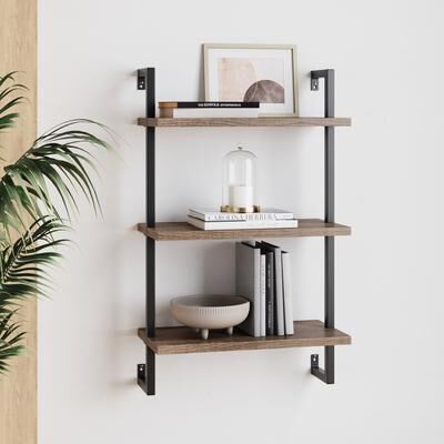 Nathan James Theo 3-Shelf Bookcase Floating Wall Mount Wood with Metal Frame