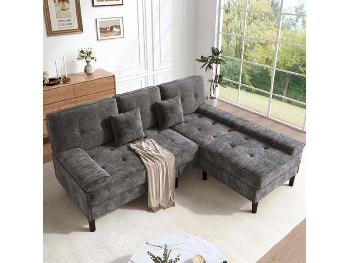 Lit canapé d'angle convertible en tissu chenille 3 places réversible avec rangement design 195cm pour salon appartement