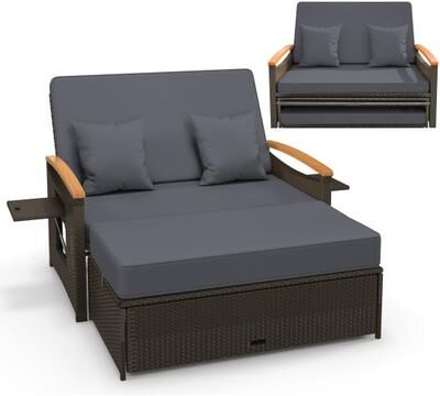 Costway Outdoor Wicker Daybed with Folding Panels and Storage Ottoman-Gray