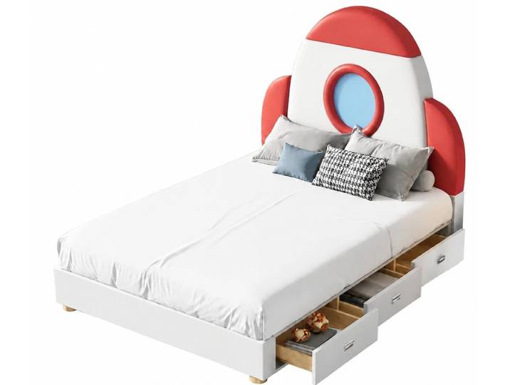 Xlmoebel Kinderbett Weißes Kinderbett mit Schubladen in Raketen-Design aus Leder, Made in Europa