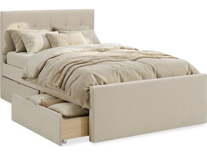Cadre de Lit Rembourré Lit Double 120x200 Beige Sommier à Lattes Tête de Lit Tissue 2 Tiroirs