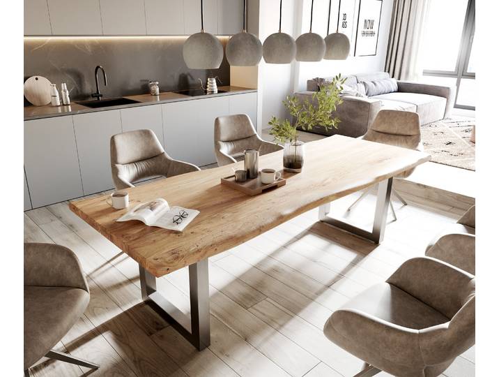Esstisch Edge 260x100 XL Akazie Natur Edelstahl Breit Live-Edge, Esstische, Baumkantenmöbel, Massivholzmöbel, Massivholz