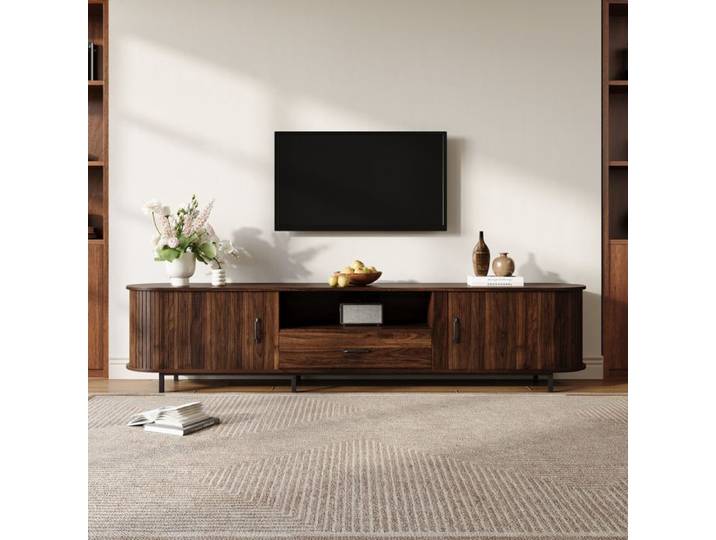 Meuble TV 180 cm en bois portes coulissantes tiroir et niches ouvertes façade rainurée meuble TV salon rétro
