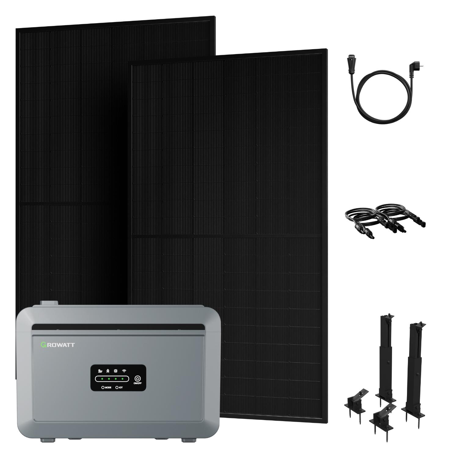 Powerness Balkonkraftwerk mit Speicher Growatt NEXA 2000 Speicher und 2x 500W Bifazial Glas-Glas Solarmodule & 2x Fassaden und Flachdach Halterung