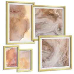 BILDER SET 5er Set - 50x50 cm & 20x30 cm & 40x60 cm Goldrahmen - Warme Aquarellfarben auf Leinwand