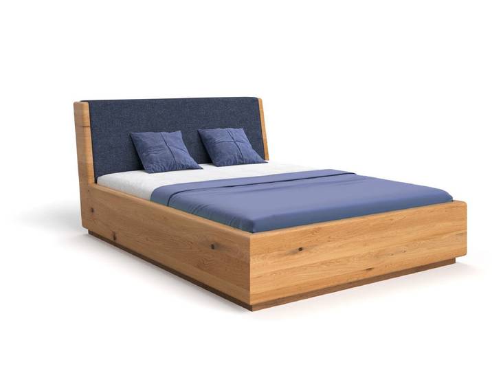 Designer Holzbett Cassian aus massiver Eiche mit Stauraum - Blau - 160x200 - Mattlack - Luxusbetten24