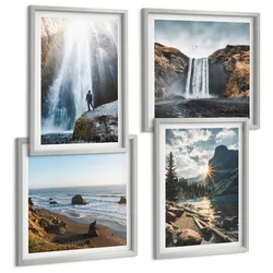 BILDER SET 4er Set - 50x50 cm & 40x60 cm Silberner Rahmen - Wasserfälle, Berge, Landschaften, Natur