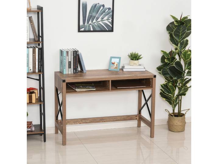 HOMCOM Bureau Industriel Noir Bois Marron 2 Niches