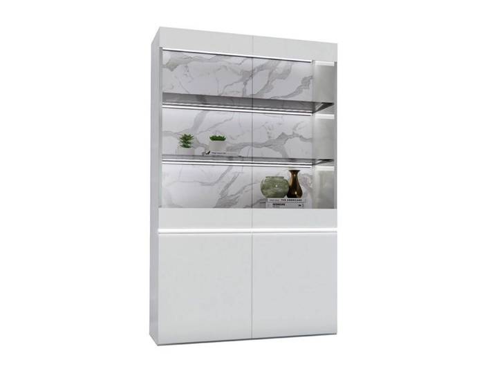 CHRIS WHITE - Vitrine 4 Portes Laquée Blanc Brillant Fond Imitation Marbre avec Led