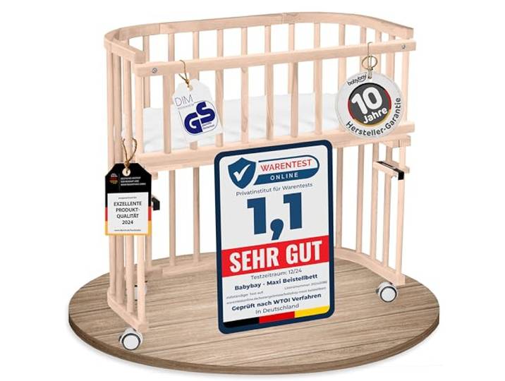 babybay Maxi, Natur unbehandelt, mit Matratze, Gitter & Rollen Extra große Liegefläche, Beistellbett, GS-geprüft, massive Buche, stufenlos höhenverstellbar & mitwachsendes Babybett