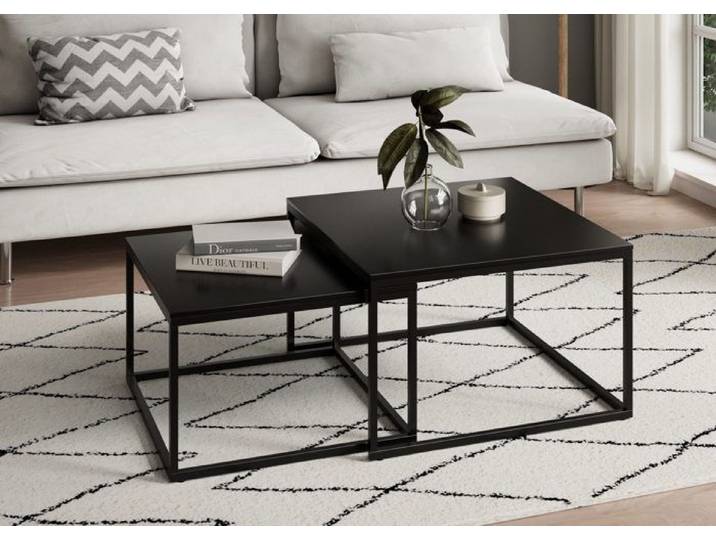 Tables gigognes style loft - Lot de 2 tables basses carrées - Tables de salon - Structure métal noir - Plateau noir