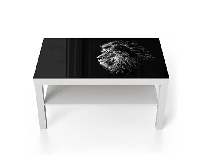 DEQORI Glastisch weiß groß 90x50 cm Motiv König der Tiere im Profil ausgefallener Beistelltisch aus Glas Hochglanz Couchtisch fürs Wohnzimmer moderner Couch Tisch mit Design