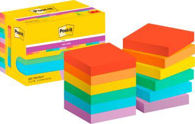 POST-IT Haftnotizen Super Sticky Notes Playful 622-12SS-PLAY, 51 x 51 mm, wiederablösbar, cellophanfrei verpackt, farbig, 12 x 90 Blatt