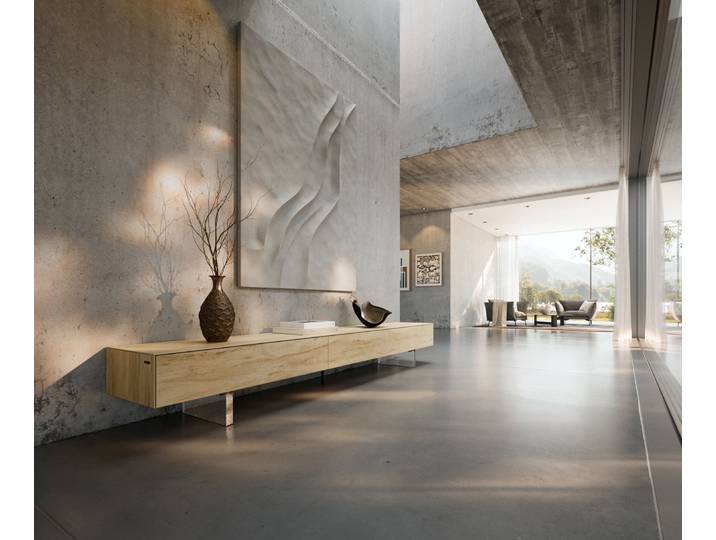 DELIFE Lowboard Cuor 250 cm Keramik Laminam® Sabbia Eichefarbig 1 Klappe 1 Schubfach Fuß Schwebeoptik Acrylglas, Lowboards