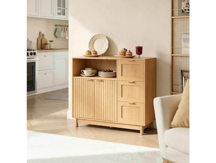 Buffet De Cuisine Effet Bois 3 Tiroirs Sideboard Moderne FloraGrace Pour Cuisine Entree Etagere Reglable 90x35x80cm